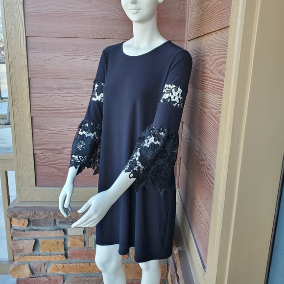 Alfani Lace Sleeve Pullover Midi Dress Size 8 Women's Black Stretch A-Line NWOT - Picture 6 of 16